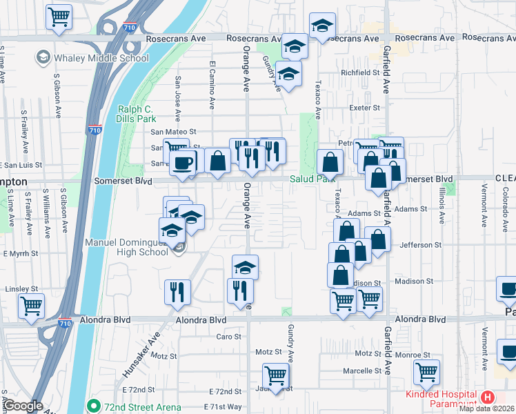 map of restaurants, bars, coffee shops, grocery stores, and more near 15122 Orange Avenue in Paramount