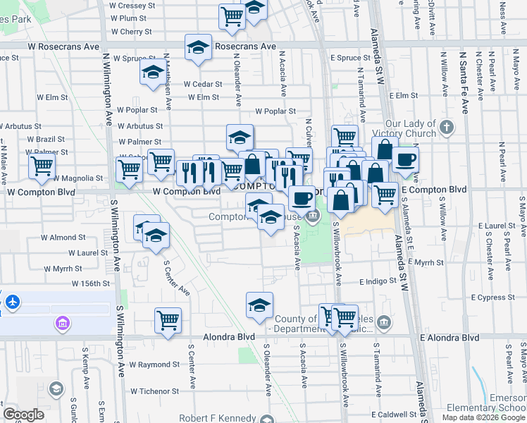 map of restaurants, bars, coffee shops, grocery stores, and more near 108 South Oleander Avenue in Compton