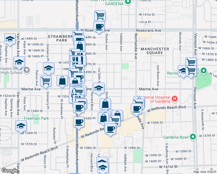 map of restaurants, bars, coffee shops, grocery stores, and more near 15007 Denker Avenue in Gardena