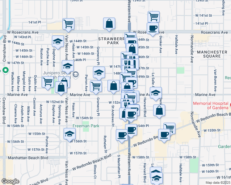 map of restaurants, bars, coffee shops, grocery stores, and more near 1849 West 150th Street in Gardena