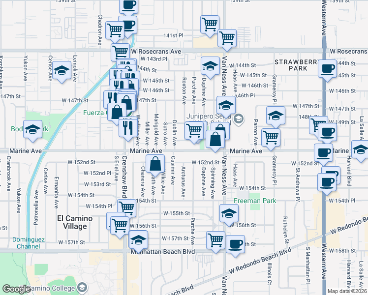 map of restaurants, bars, coffee shops, grocery stores, and more near 14941 Roxton Avenue in Gardena