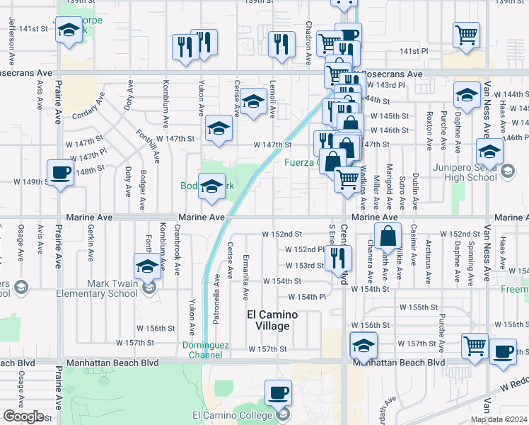 map of restaurants, bars, coffee shops, grocery stores, and more near 15505 Lemoli Avenue in Gardena