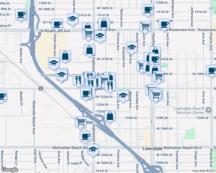 map of restaurants, bars, coffee shops, grocery stores, and more near 14928 Condon Avenue in Lawndale
