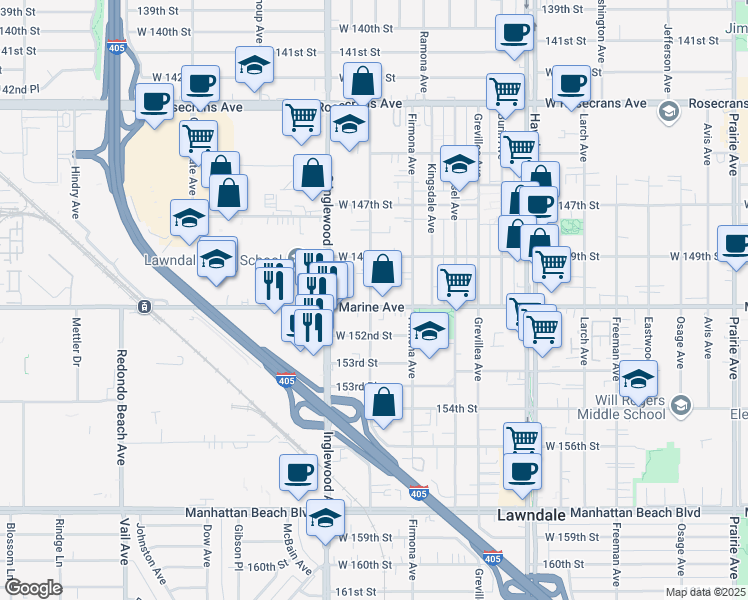 map of restaurants, bars, coffee shops, grocery stores, and more near 14928 Condon Avenue in Lawndale