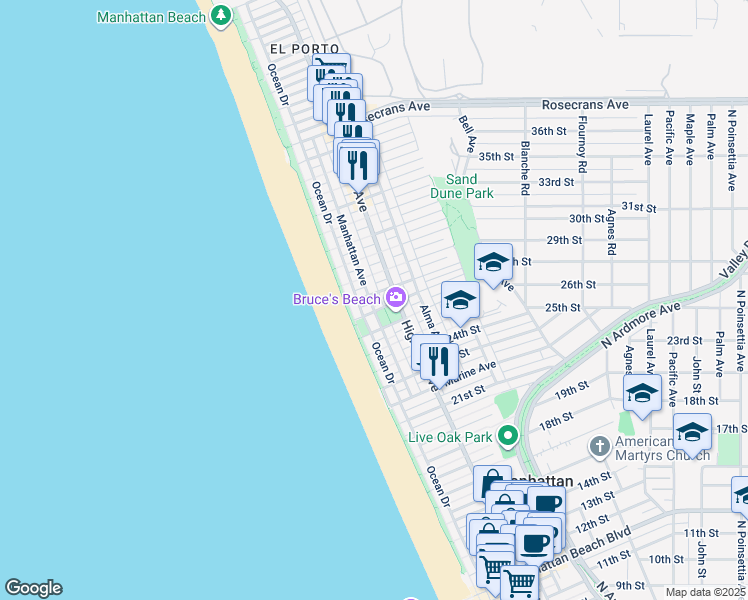 map of restaurants, bars, coffee shops, grocery stores, and more near 221 28th Place in Manhattan Beach