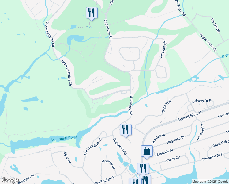 map of restaurants, bars, coffee shops, grocery stores, and more near 114 Crooked Gulley Circle in Sunset Beach