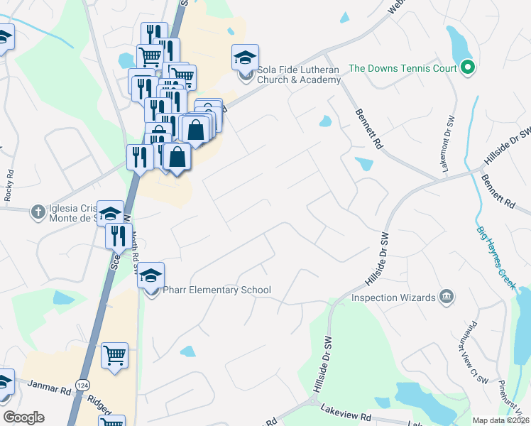 map of restaurants, bars, coffee shops, grocery stores, and more near 1409 Inwood Road in Lawrenceville