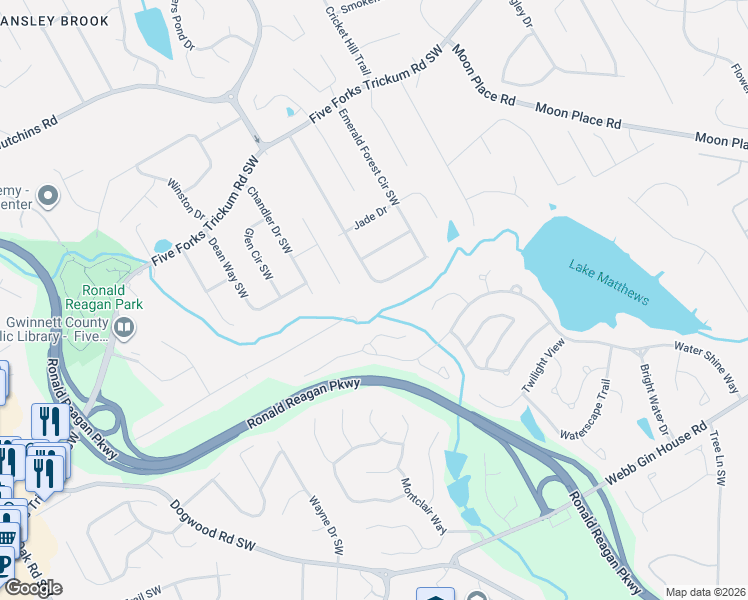 map of restaurants, bars, coffee shops, grocery stores, and more near 760 Emerald Forest Circle Southwest in Lawrenceville