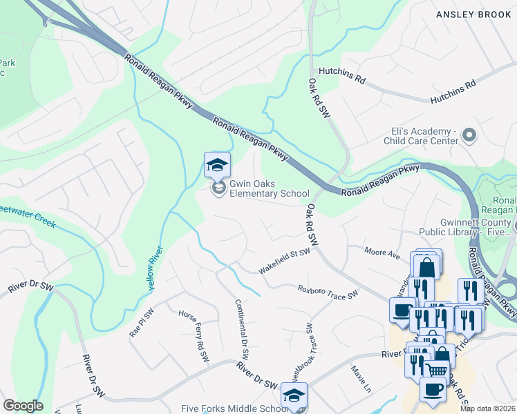 map of restaurants, bars, coffee shops, grocery stores, and more near 493 Comanche Trail in Lawrenceville