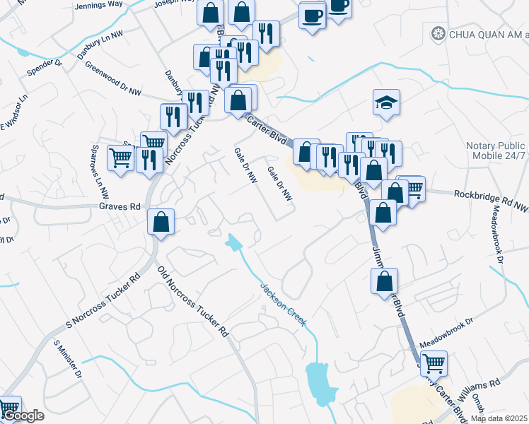 map of restaurants, bars, coffee shops, grocery stores, and more near 1237 Gale Drive Northwest in Norcross