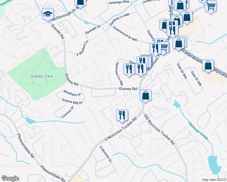 map of restaurants, bars, coffee shops, grocery stores, and more near 1355 Tucker Woods Drive Northwest in Norcross