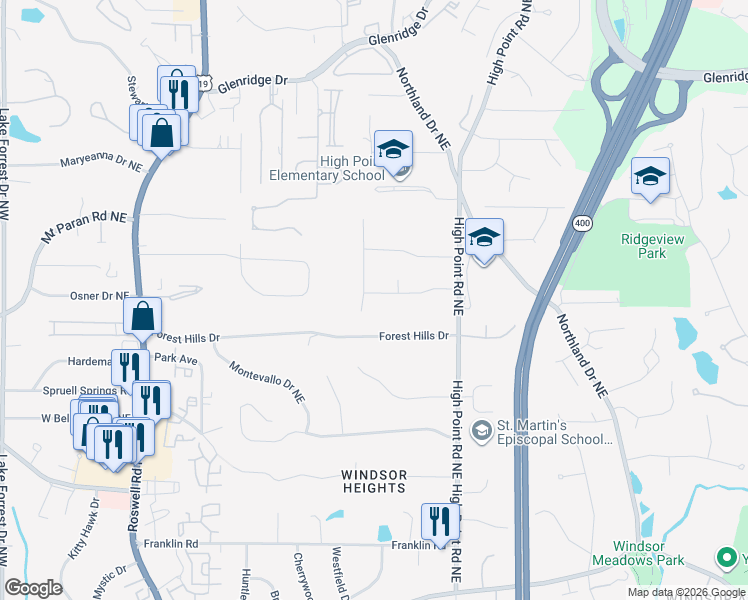 map of restaurants, bars, coffee shops, grocery stores, and more near 5144 Timber Trail South Northeast in Atlanta