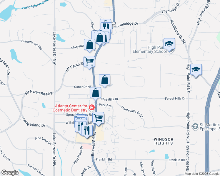map of restaurants, bars, coffee shops, grocery stores, and more near 5157 Roswell Road in Sandy Springs