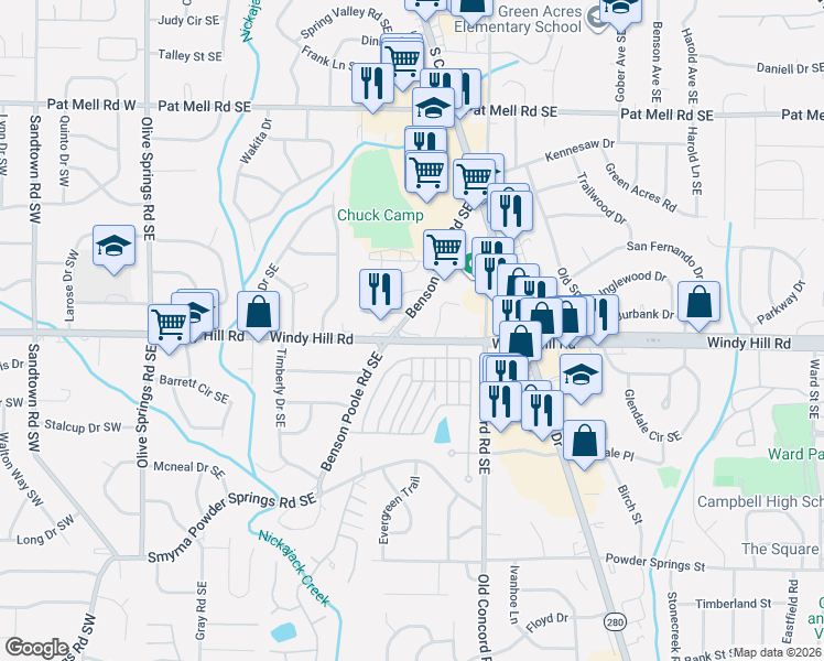 map of restaurants, bars, coffee shops, grocery stores, and more near 373 Benson Manor Circle in Smyrna