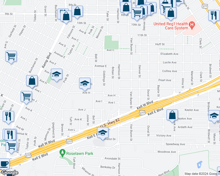 map of restaurants, bars, coffee shops, grocery stores, and more near 1609 Britain Street in Wichita Falls