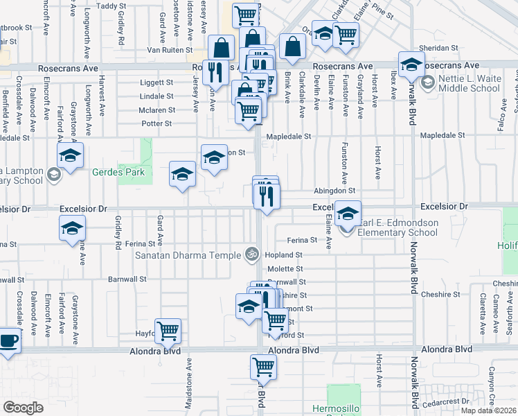 map of restaurants, bars, coffee shops, grocery stores, and more near Pioneer Blvd & Excelsior Dr in Norwalk