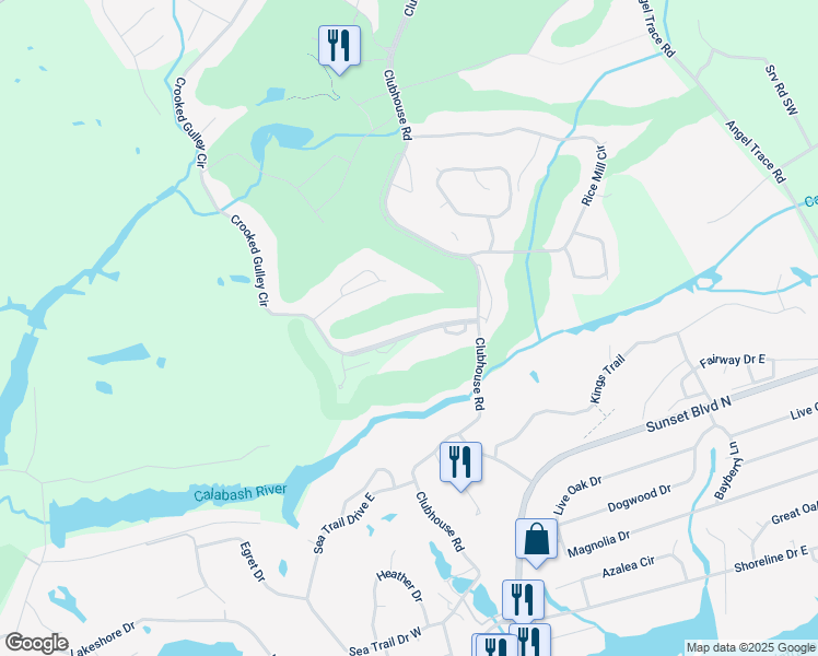 map of restaurants, bars, coffee shops, grocery stores, and more near 131 Crooked Gulley Circle in Sunset Beach