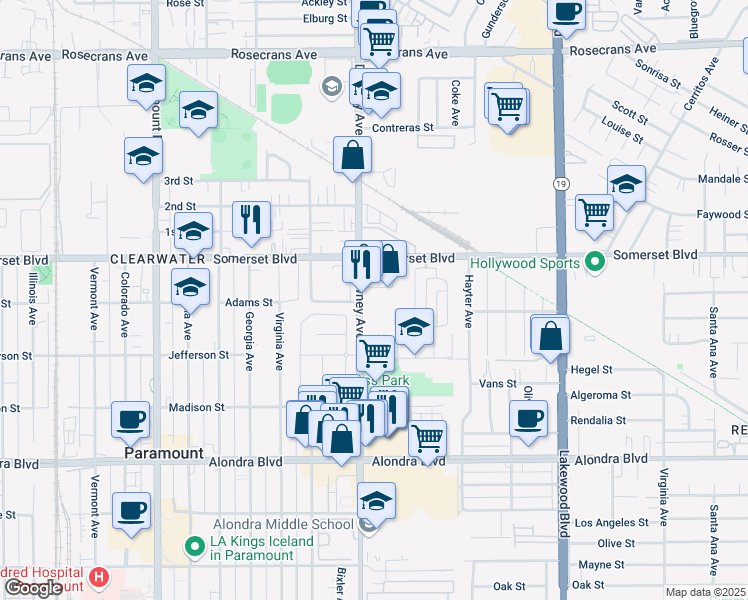 map of restaurants, bars, coffee shops, grocery stores, and more near 15134 Downey Avenue in Paramount
