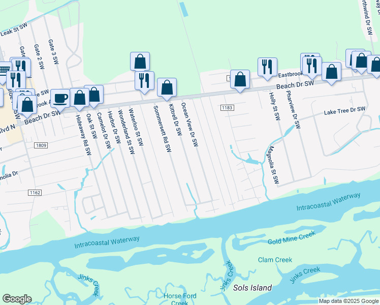 map of restaurants, bars, coffee shops, grocery stores, and more near 1861 Kittrell Drive Southwest in Ocean Isle Beach