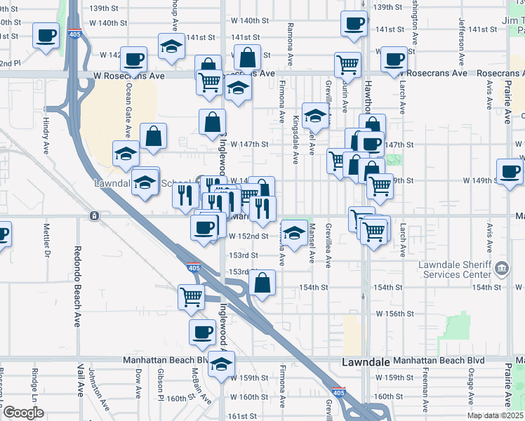 map of restaurants, bars, coffee shops, grocery stores, and more near 4637 Marine Avenue in Lawndale