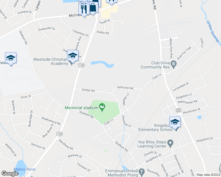 map of restaurants, bars, coffee shops, grocery stores, and more near 1037 Golfcrest Road in Sumter