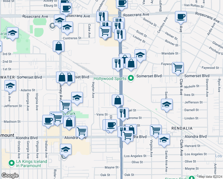 map of restaurants, bars, coffee shops, grocery stores, and more near 15154 Oliva Avenue in Paramount