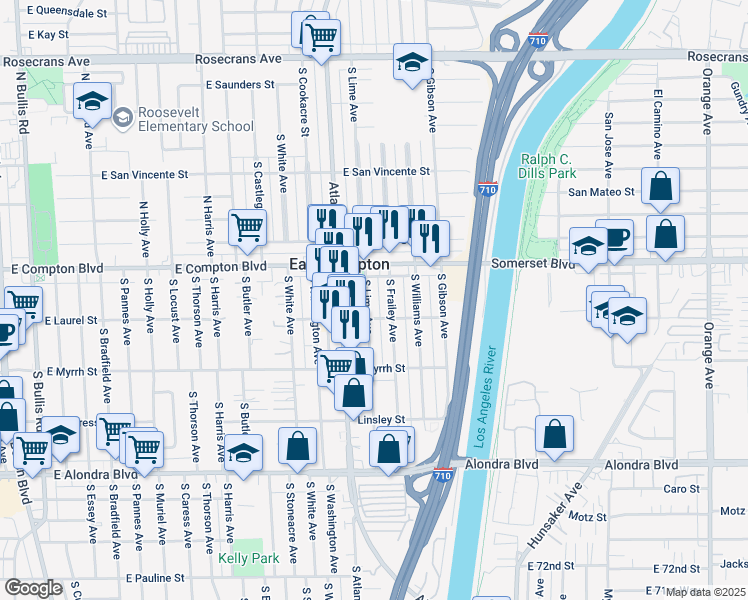 map of restaurants, bars, coffee shops, grocery stores, and more near 15116 Atlantic Avenue in East Compton
