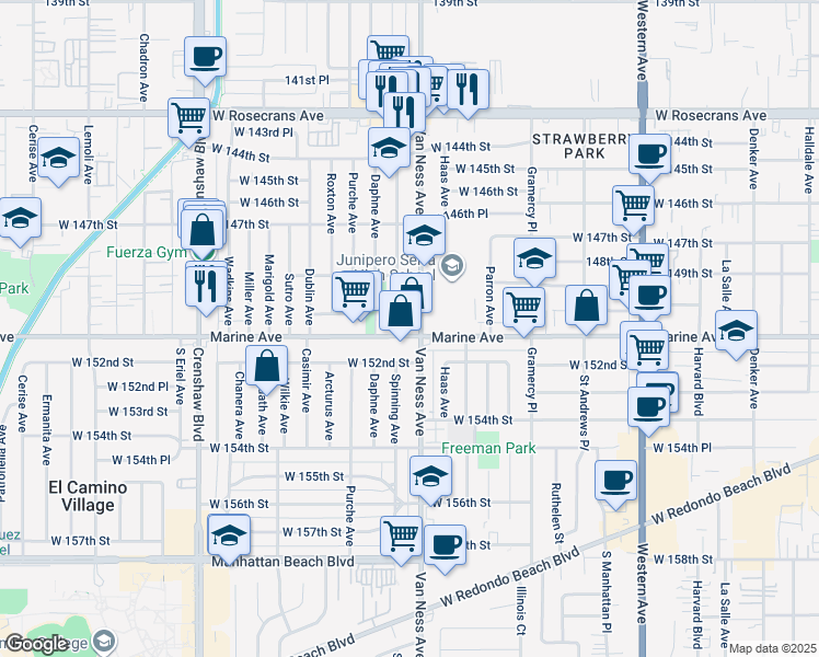 map of restaurants, bars, coffee shops, grocery stores, and more near 15000 Spinning Avenue in Gardena