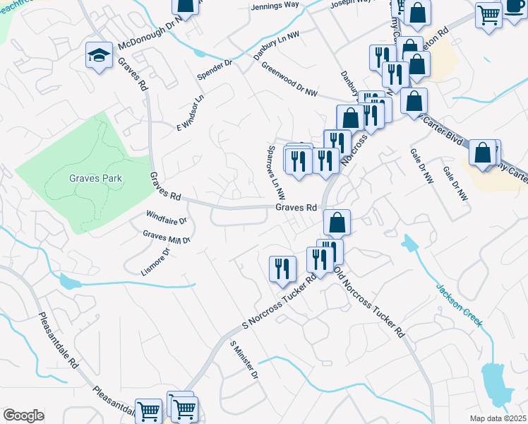 map of restaurants, bars, coffee shops, grocery stores, and more near 1355 Tucker Woods Drive Northwest in Norcross