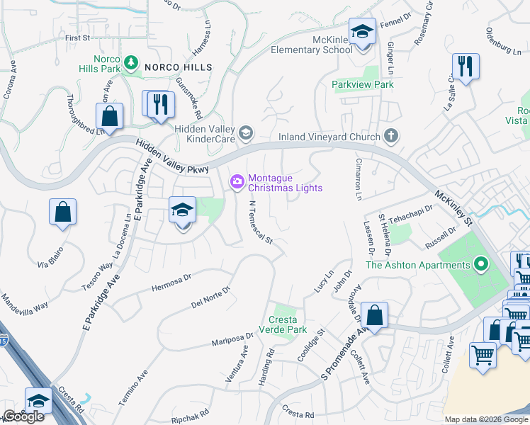 map of restaurants, bars, coffee shops, grocery stores, and more near 798 Villa Montes Circle in Corona