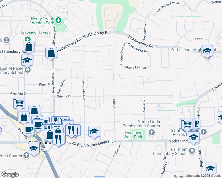 map of restaurants, bars, coffee shops, grocery stores, and more near 18992 Villa Terrace in Yorba Linda