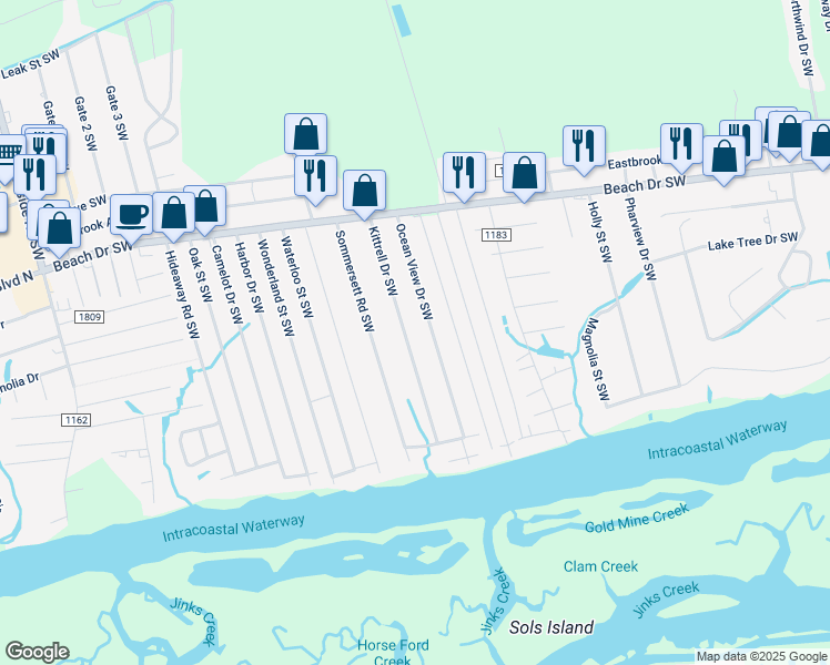 map of restaurants, bars, coffee shops, grocery stores, and more near 1861 Kittrell Drive Southwest in Ocean Isle Beach