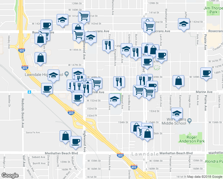 map of restaurants, bars, coffee shops, grocery stores, and more near 15022 Firmona Avenue in Lawndale