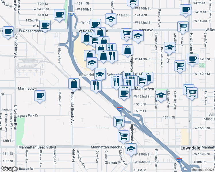 map of restaurants, bars, coffee shops, grocery stores, and more near 4953 Marine Avenue in Lawndale
