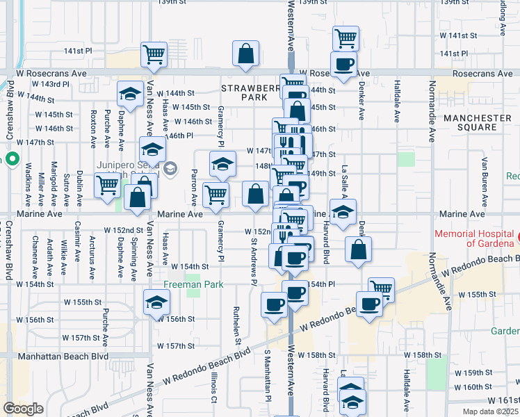 map of restaurants, bars, coffee shops, grocery stores, and more near 1849 West 150th Street in Gardena