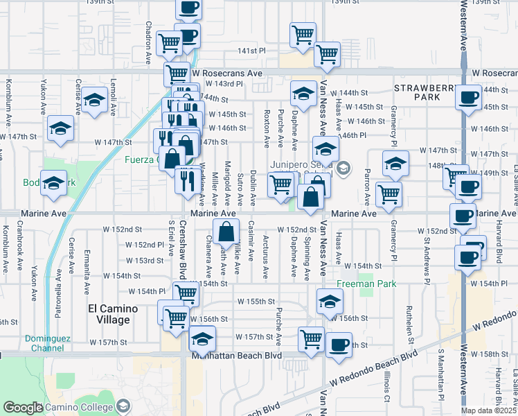 map of restaurants, bars, coffee shops, grocery stores, and more near 2543 Marine Avenue in Gardena