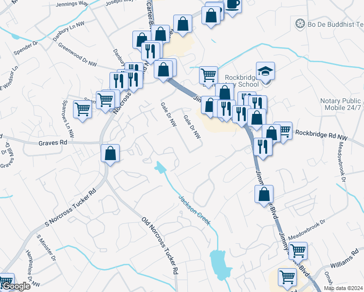 map of restaurants, bars, coffee shops, grocery stores, and more near 1237 Gale Drive Northwest in Norcross