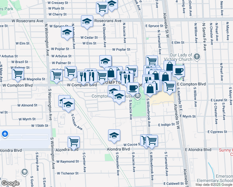 map of restaurants, bars, coffee shops, grocery stores, and more near 342 West Palm Street in Compton