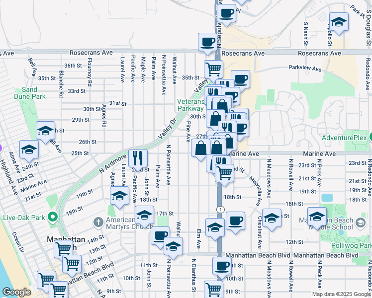 map of restaurants, bars, coffee shops, grocery stores, and more near 2608 Walnut Avenue in Manhattan Beach