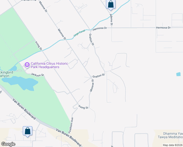 map of restaurants, bars, coffee shops, grocery stores, and more near Gratton Street in Riverside