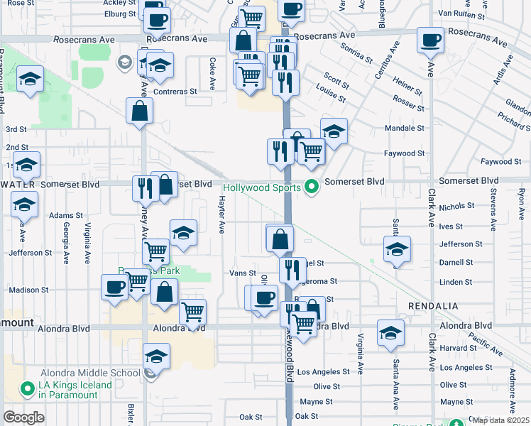 map of restaurants, bars, coffee shops, grocery stores, and more near 15154 Oliva Avenue in Paramount