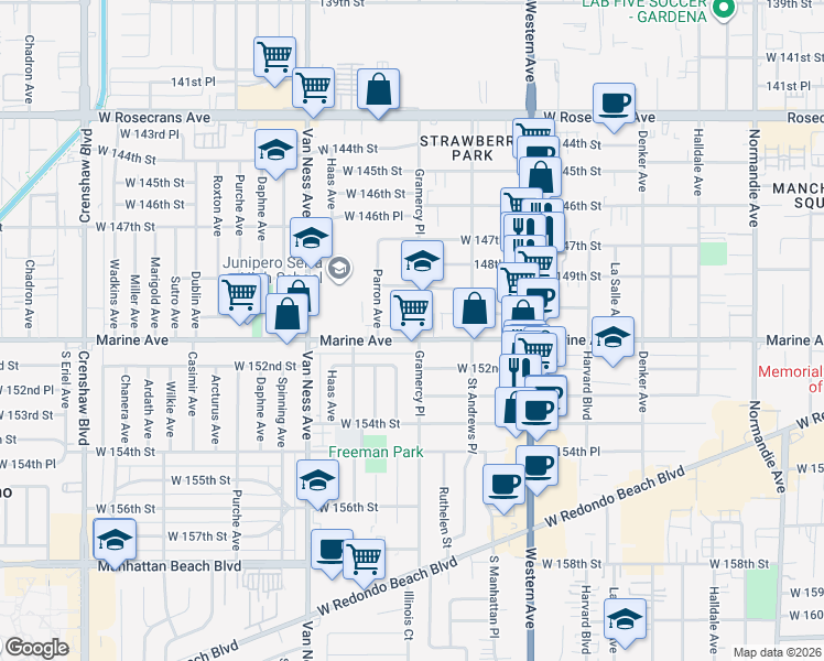 map of restaurants, bars, coffee shops, grocery stores, and more near 2010 West 150th Street in Gardena