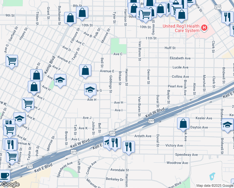 map of restaurants, bars, coffee shops, grocery stores, and more near 1616 Britain Street in Wichita Falls