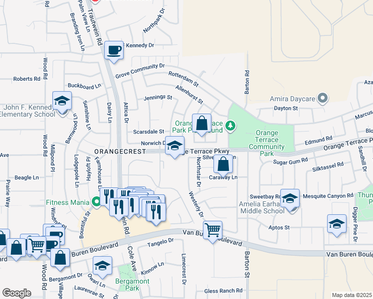 map of restaurants, bars, coffee shops, grocery stores, and more near Meridian Parkway in Riverside