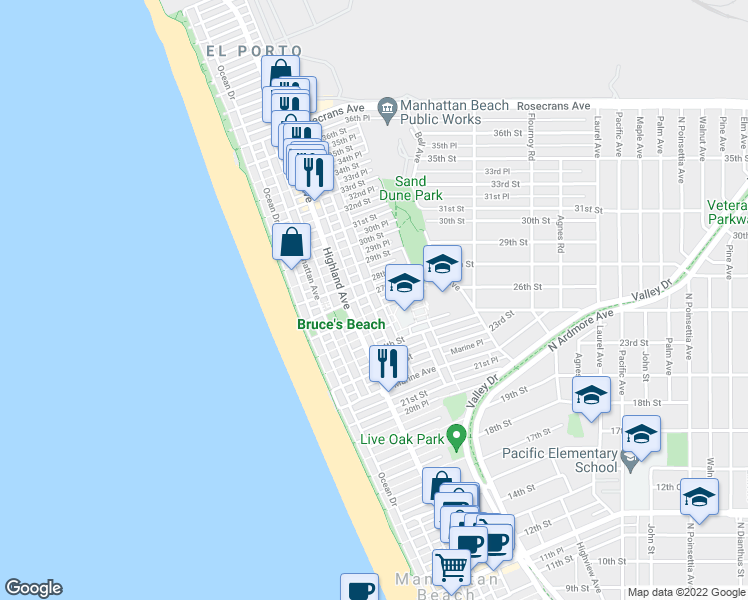 map of restaurants, bars, coffee shops, grocery stores, and more near 328 28th Street in Manhattan Beach