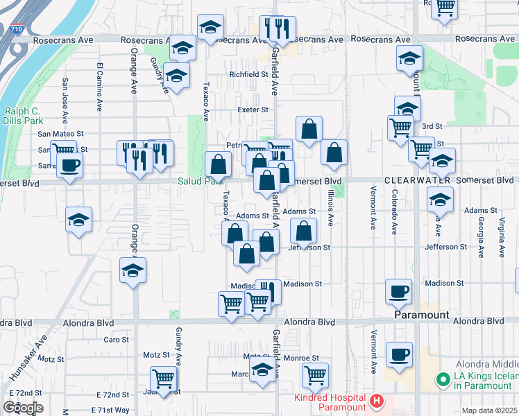 map of restaurants, bars, coffee shops, grocery stores, and more near 7341 Adams Street in Paramount