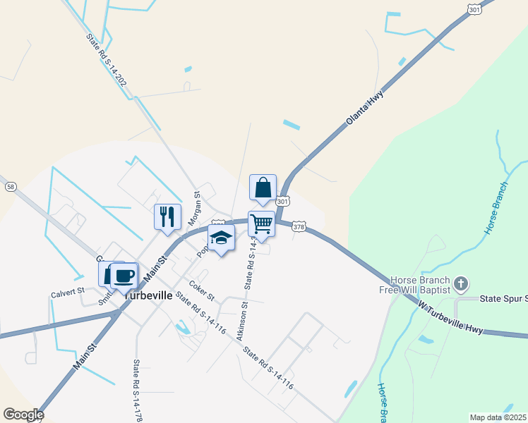 map of restaurants, bars, coffee shops, grocery stores, and more near 1220 U.S. 301 in Turbeville