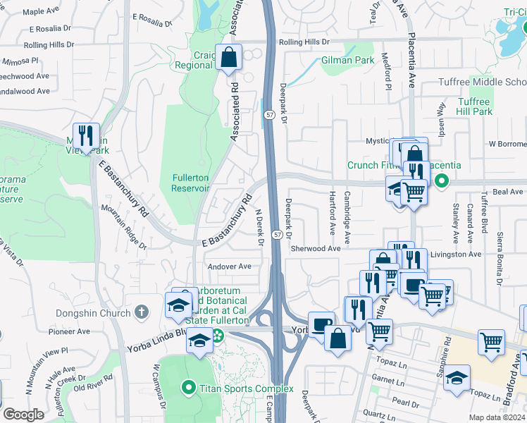 map of restaurants, bars, coffee shops, grocery stores, and more near 2254 North Derek Drive in Fullerton