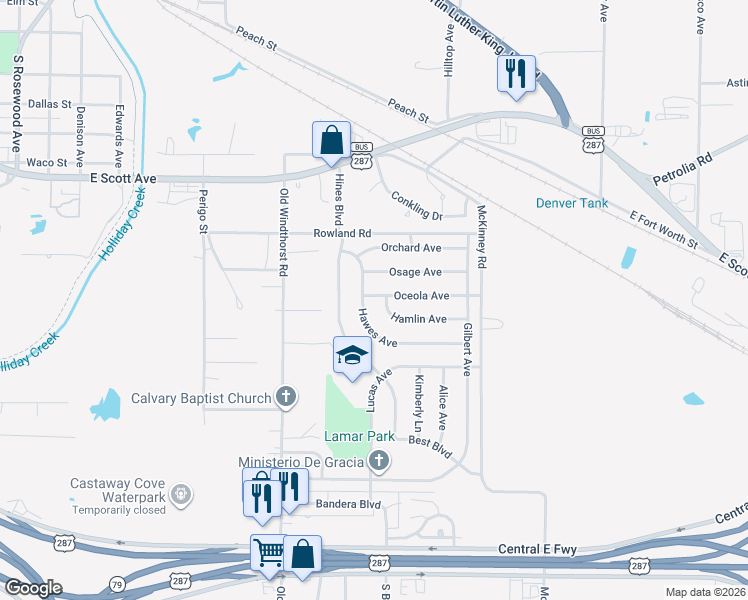 map of restaurants, bars, coffee shops, grocery stores, and more near 1618 Hawes Avenue in Wichita Falls