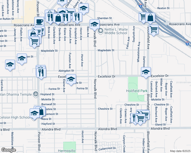 map of restaurants, bars, coffee shops, grocery stores, and more near Norwalk Boulevard in Norwalk